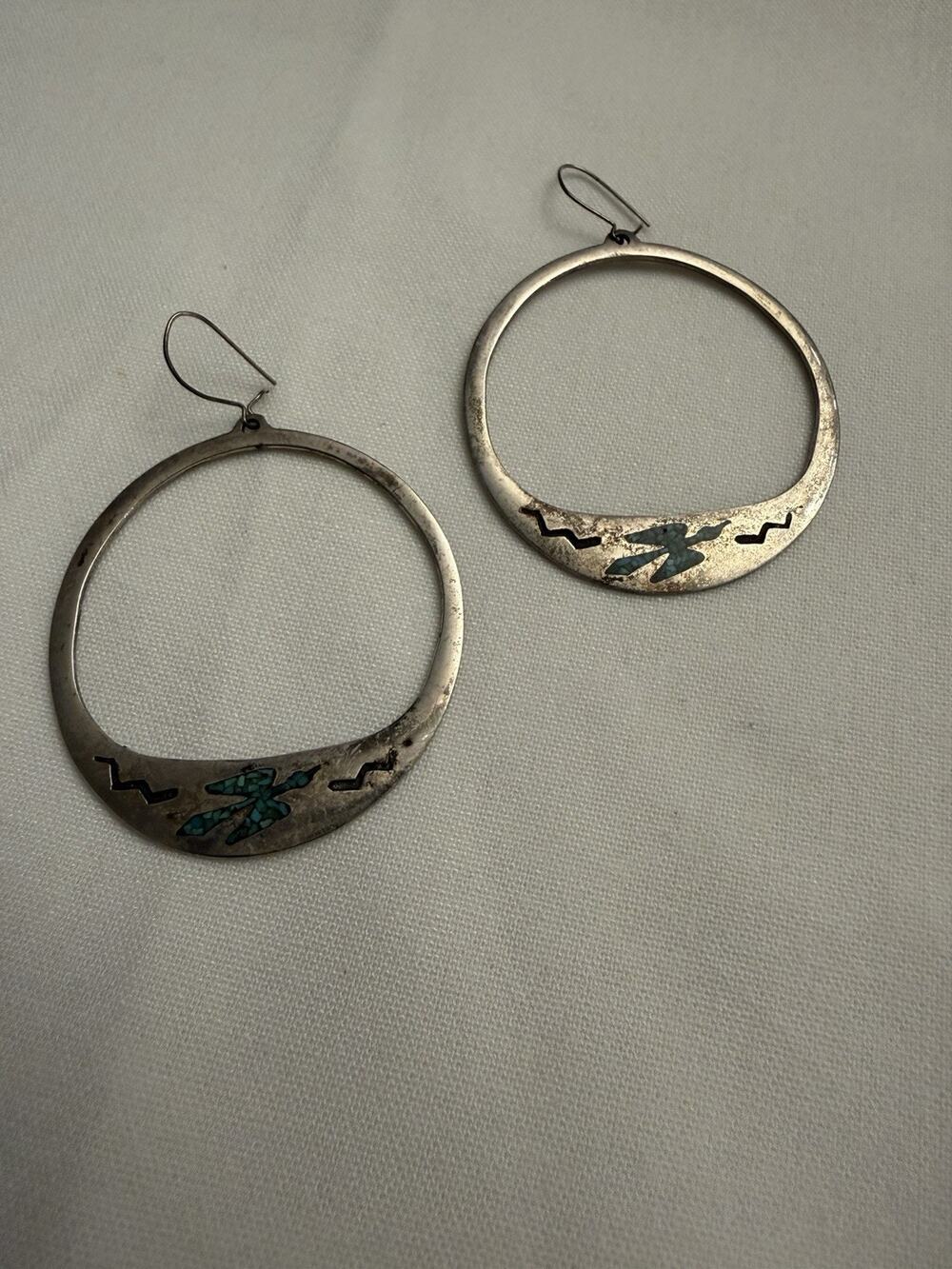 Vintage Southwestern Turquoise Inlay Large Hoop Earrings Silver Tone 2.5”